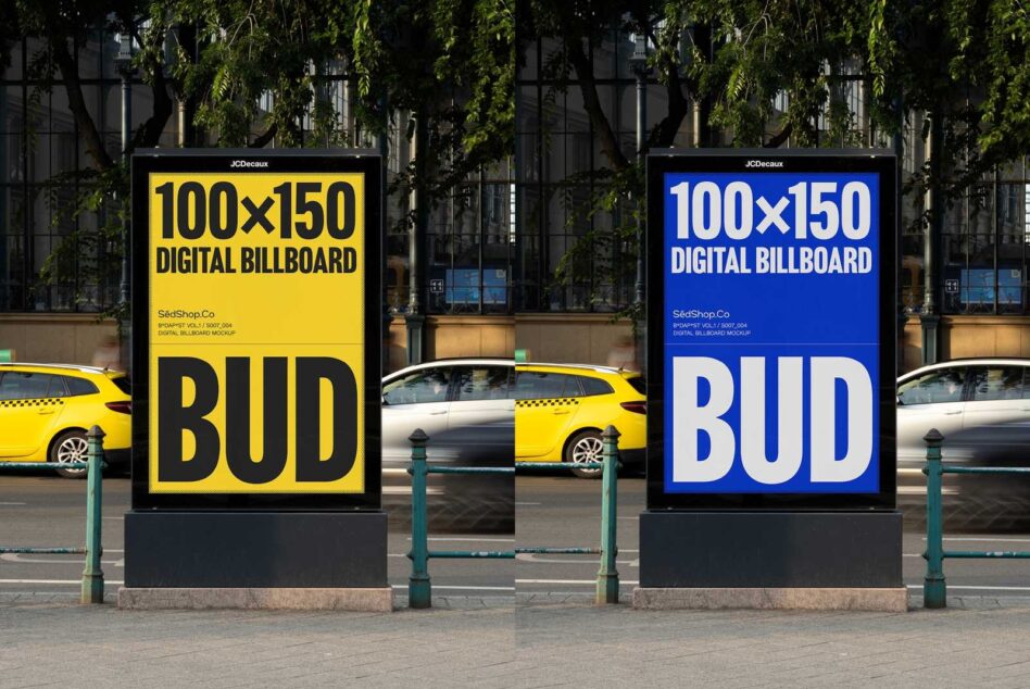Yellow blue digital billboards side by side showing BUD text on urban street