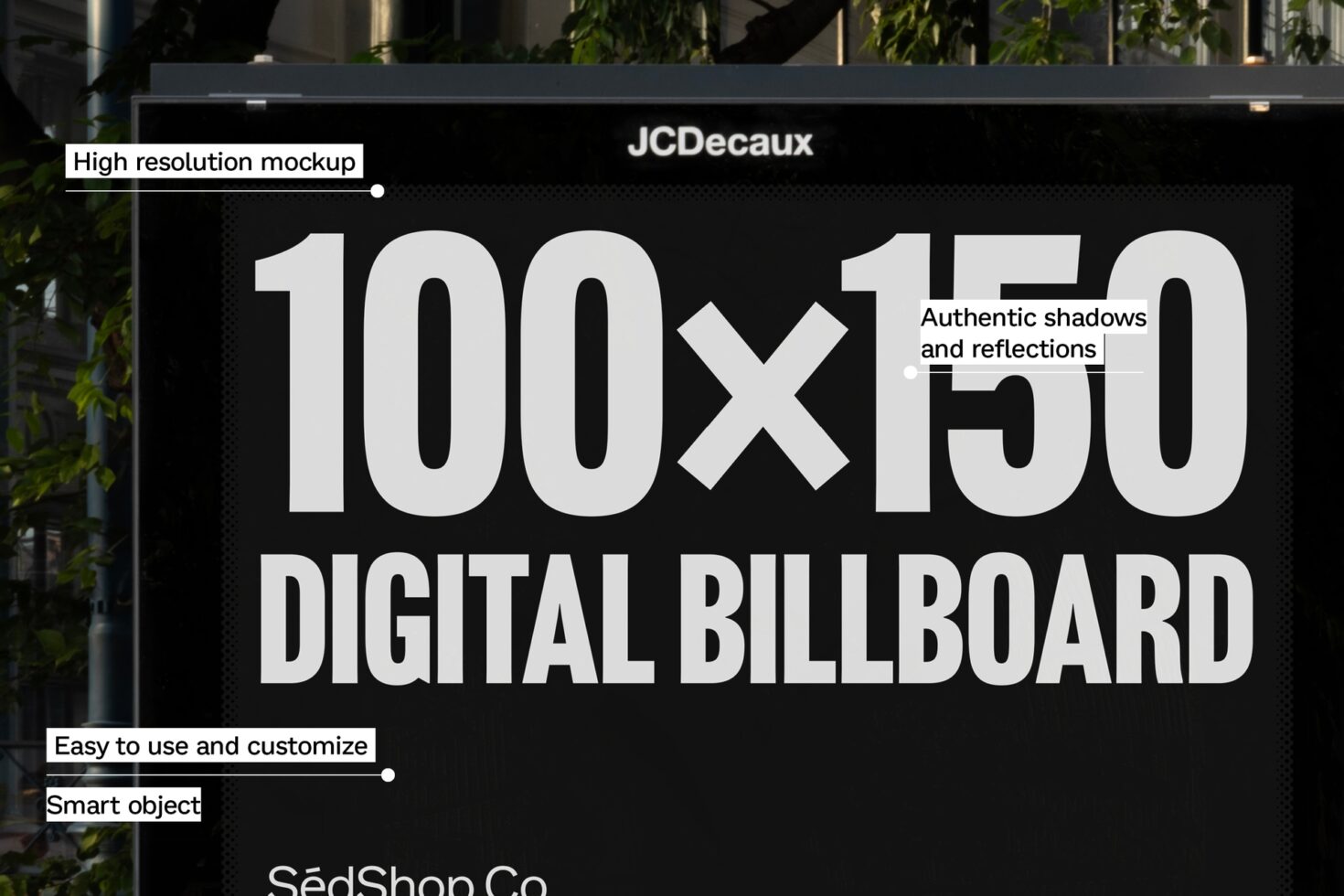 Digital billboard mockup template for designers showcasing high resolution advertising. Easy to customize with smart object, realistic shadows reflections.