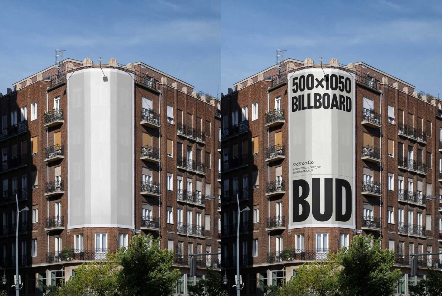 Building billboard mockup showcasing an urban setting. Ideal for designers needing outdoor advertising templates. Keywords: mockup, billboard, urban.