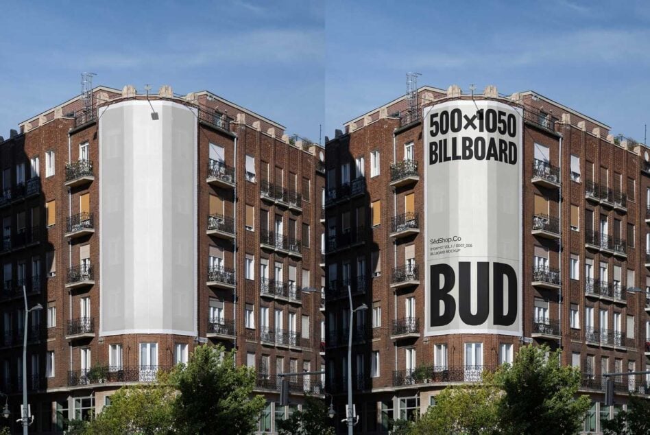 Blank to filled 500x1050 billboard mockup comparison on brick building