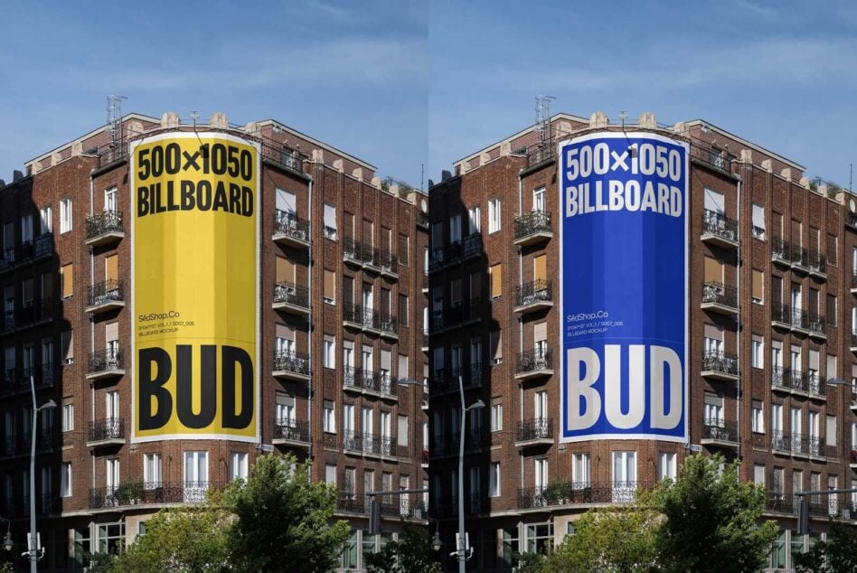 Yellow, blue 500x1050 billboard mockups on tall brick building corner