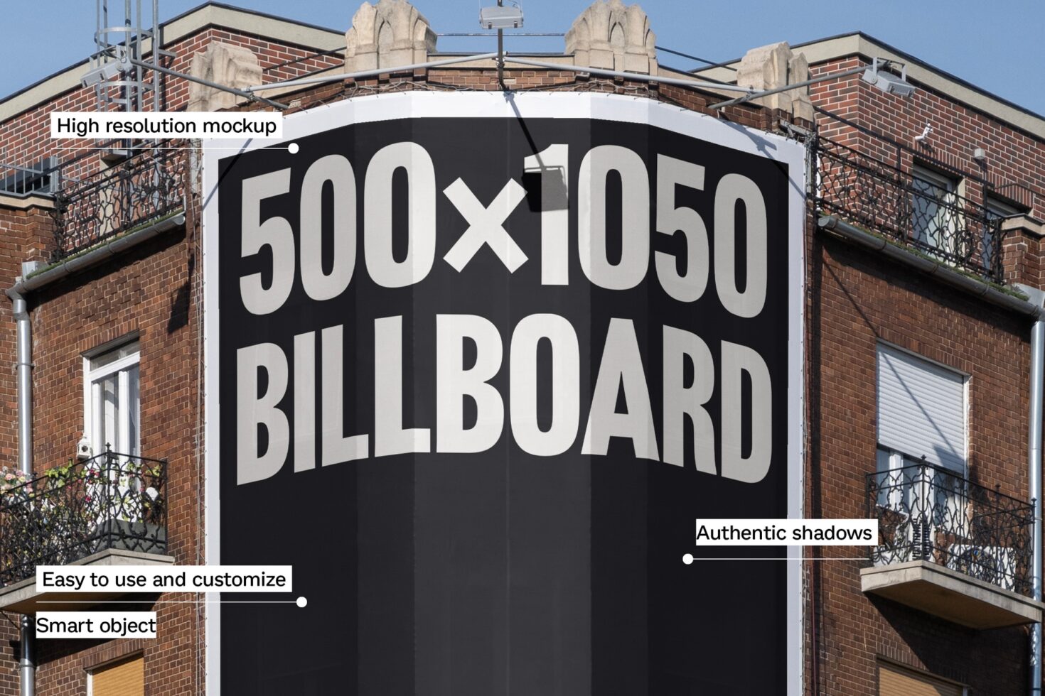 High resolution billboard mockup on building exterior. Easy to customize with smart objects. Perfect for graphic designers seeking realistic shadows.