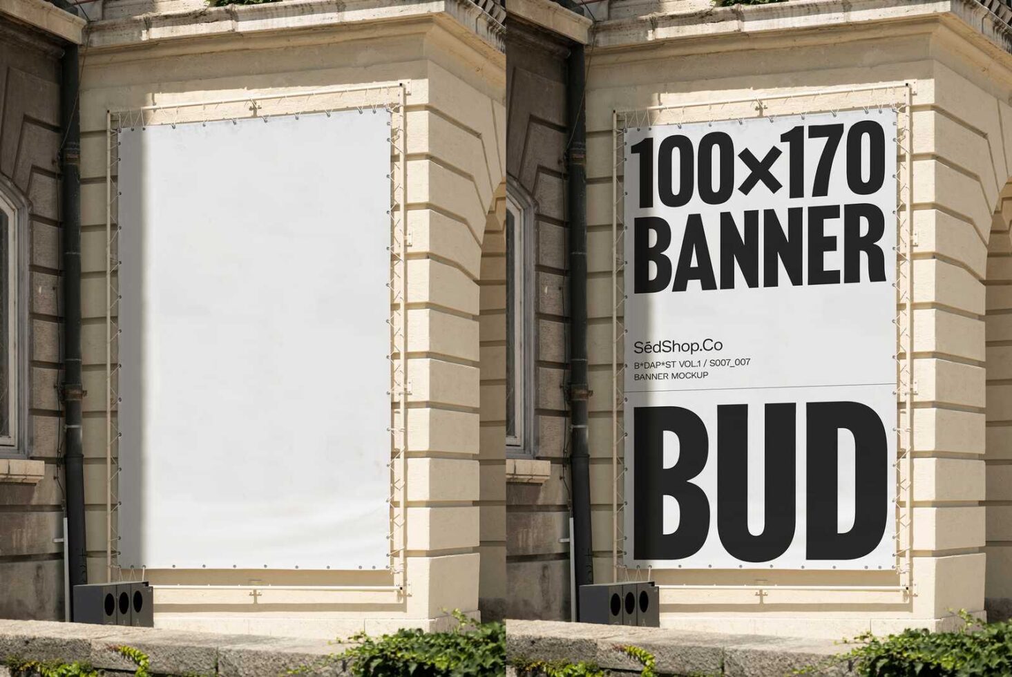 Urban outdoor banner mockup on building facade showcasing large format design. Perfect for branding presentations or advertising visuals for designers.