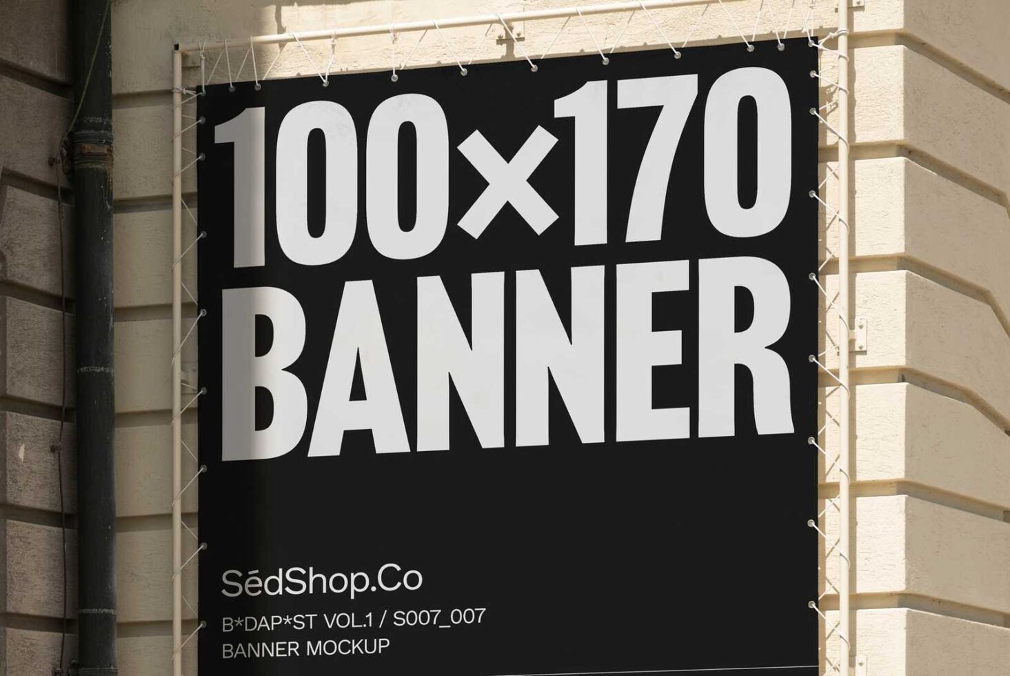 Outdoor street banner mockup on building facade with dimensions 100x170. Ideal for designers creating realistic graphic presentations. Marketing asset.