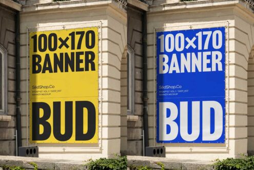 Urban wall displays two large banner mockups in yellow and blue for street advertising perfect for designers looking for outdoor banner templates.