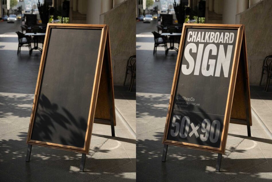 A-frame chalkboard sign mockup on a sunlit city sidewalk perfect for designers creating graphics or templates. Ideal for showcasing signage designs.