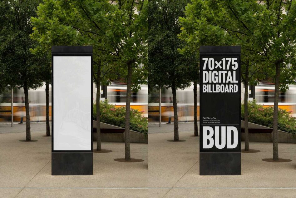 Urban digital billboard mockup in a park setting ideal for graphics presentations. High resolution template for designers. Keywords: mockup template.