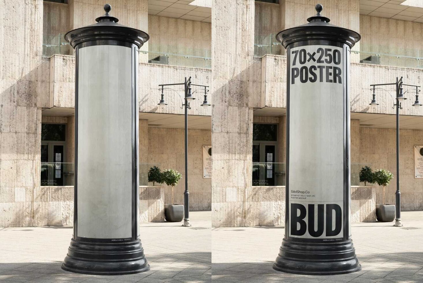 Urban poster mockup on cylindrical column in front of modern building. High resolution design asset for graphic designers seeking realistic presentation.