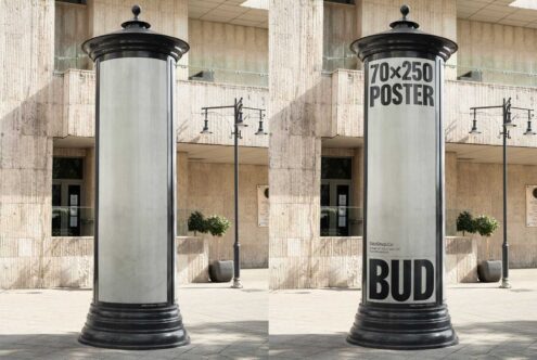 Urban poster mockup on cylindrical column in front of modern building. High resolution design asset for graphic designers seeking realistic presentation.