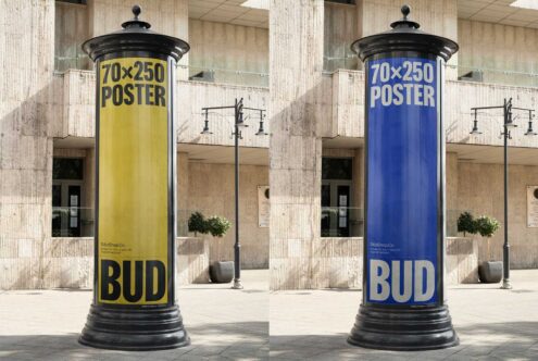 Urban advertising poster mockup on columns with yellow and blue designs. Ideal for digital asset designers seeking realistic graphics for templates.