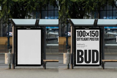 Citylight poster mockup at a bus stop showcasing design potential for advertising. Ideal for designers needing realistic street scene templates.