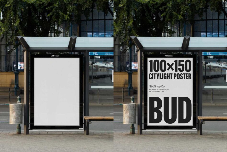 Citylight poster mockup at a bus stop showcasing design potential for advertising. Ideal for designers needing realistic street scene templates.