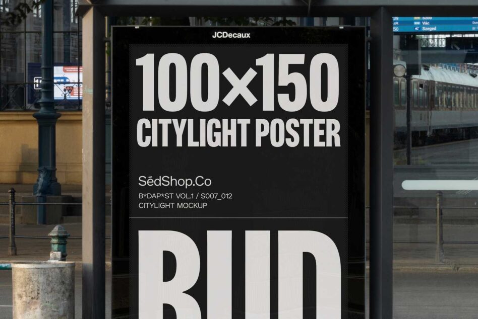 Citylight poster mockup displayed outdoors with train station background. Ideal for designers seeking realistic advertising presentations. Mockups graphics.