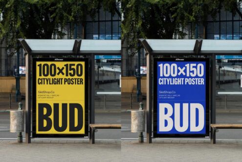 Citylight poster mockup at a bus stop with two designs in yellow and blue. Ideal for urban advertising, branding presentations, and designer assets.