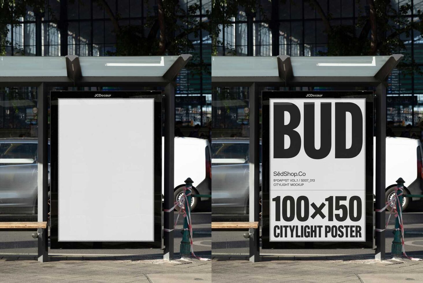 Bus stop poster mockup displayed outdoors showing blank and designed versions. Ideal for showcasing urban advertising designs. PSD template for designers.