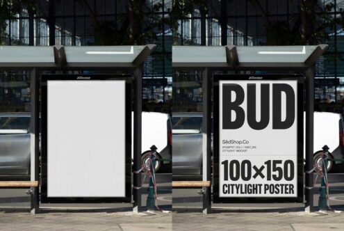 Bus stop poster mockup displayed outdoors showing blank and designed versions. Ideal for showcasing urban advertising designs. PSD template for designers.