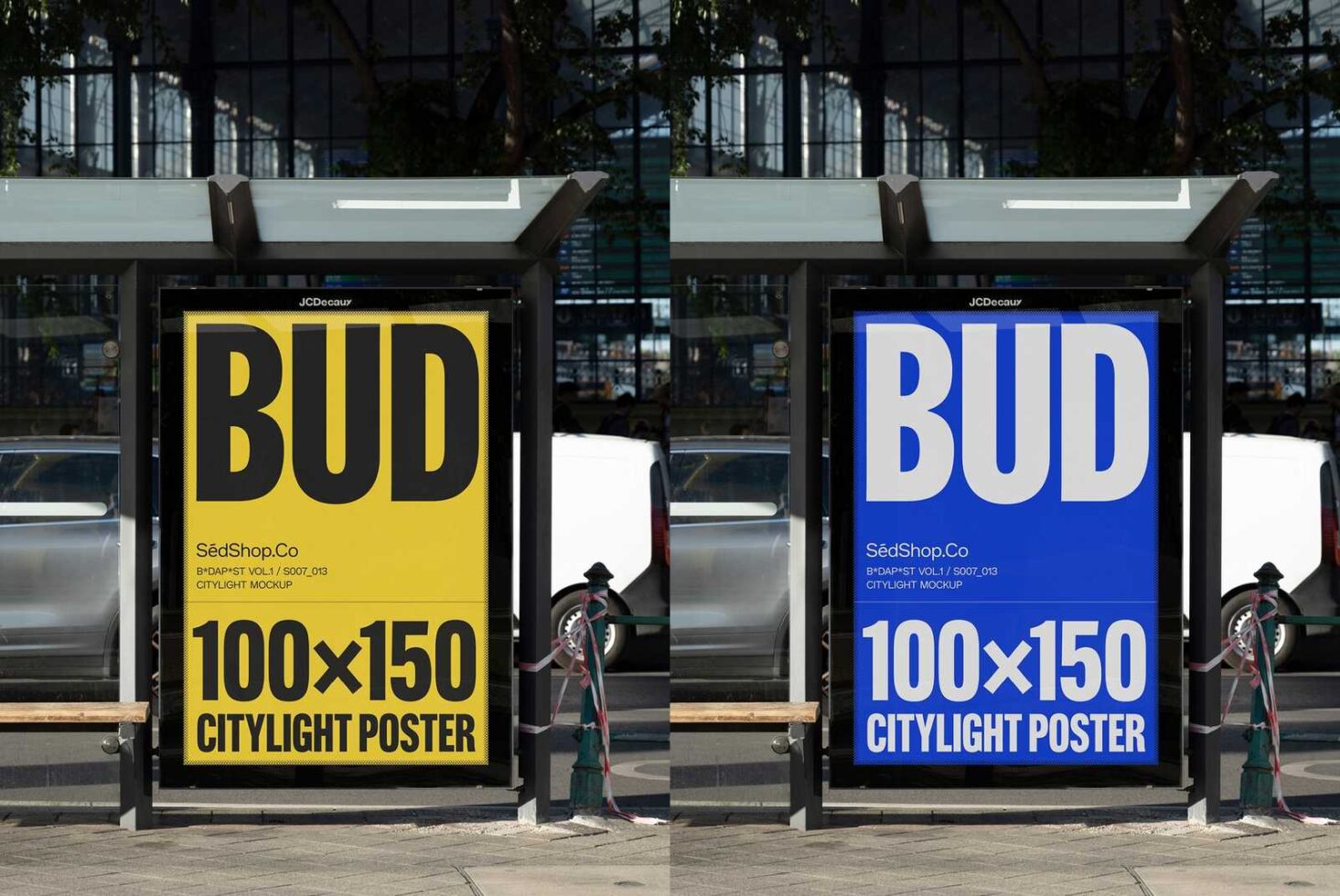 Urban citylight poster mockup featuring bold typography in two color variations yellow and blue designed for public advertising and marketing purposes.