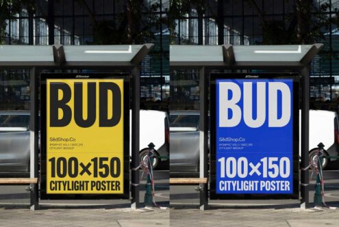 Urban citylight poster mockup featuring bold typography in two color variations yellow and blue designed for public advertising and marketing purposes.