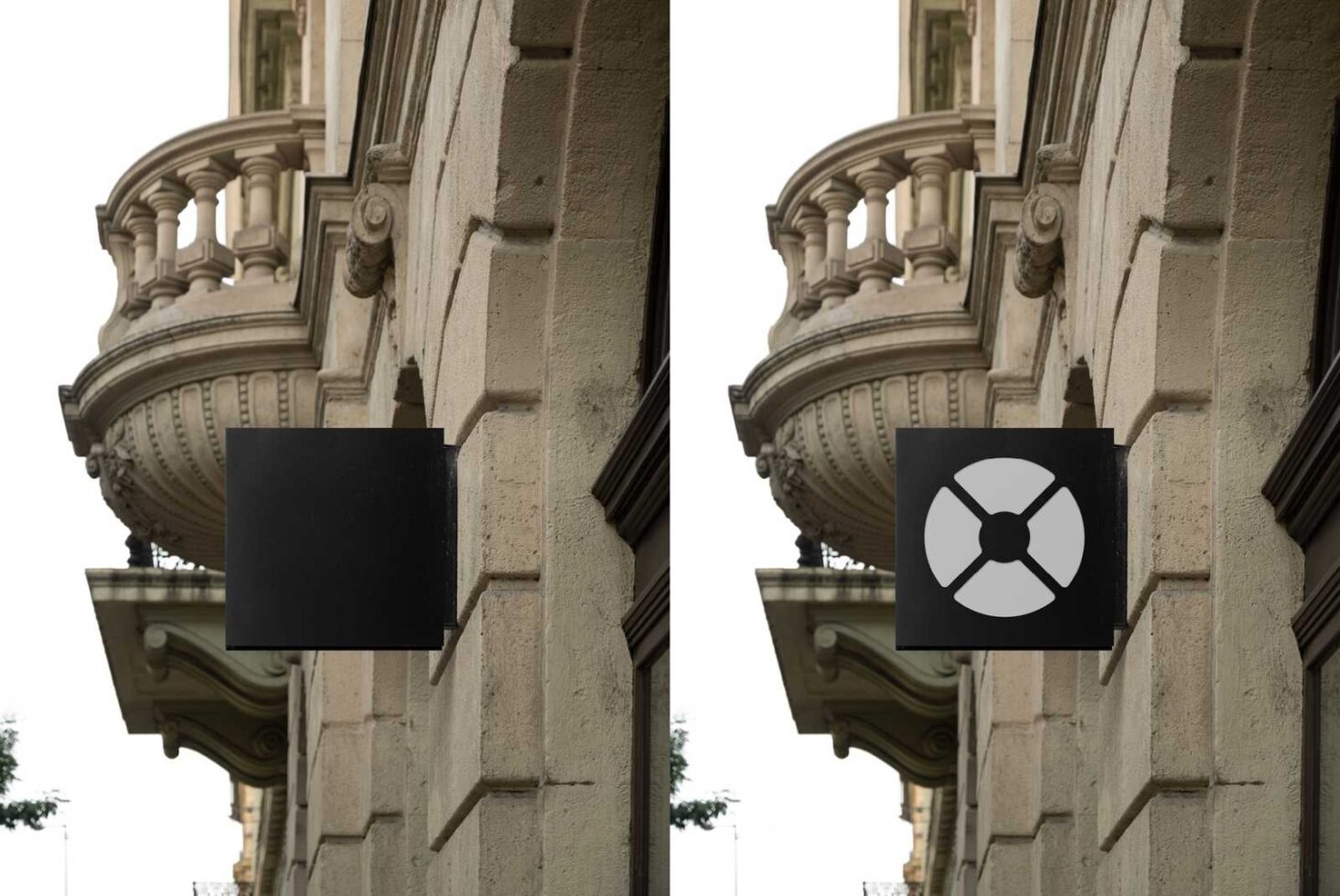 Mockup of a blank and branded square exterior signage on a classic stone building facade ideal for designers to showcase logo and branding ideas.