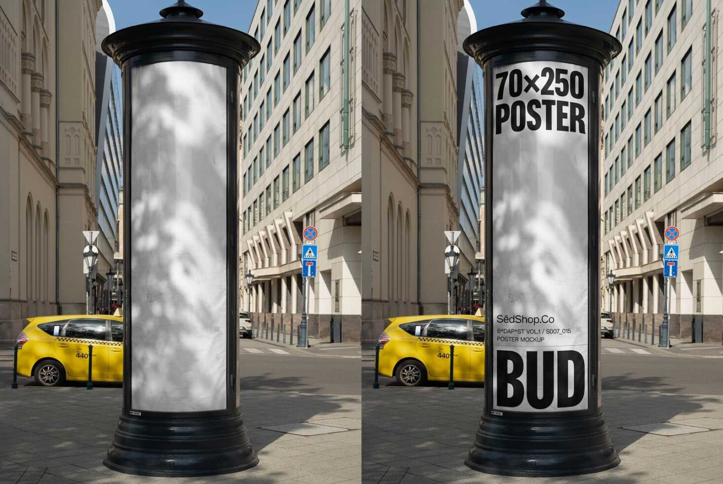 Outdoor advertising pillar poster mockup in urban street setting showcasing design template for graphic designers and marketers seeking realistic visuals.