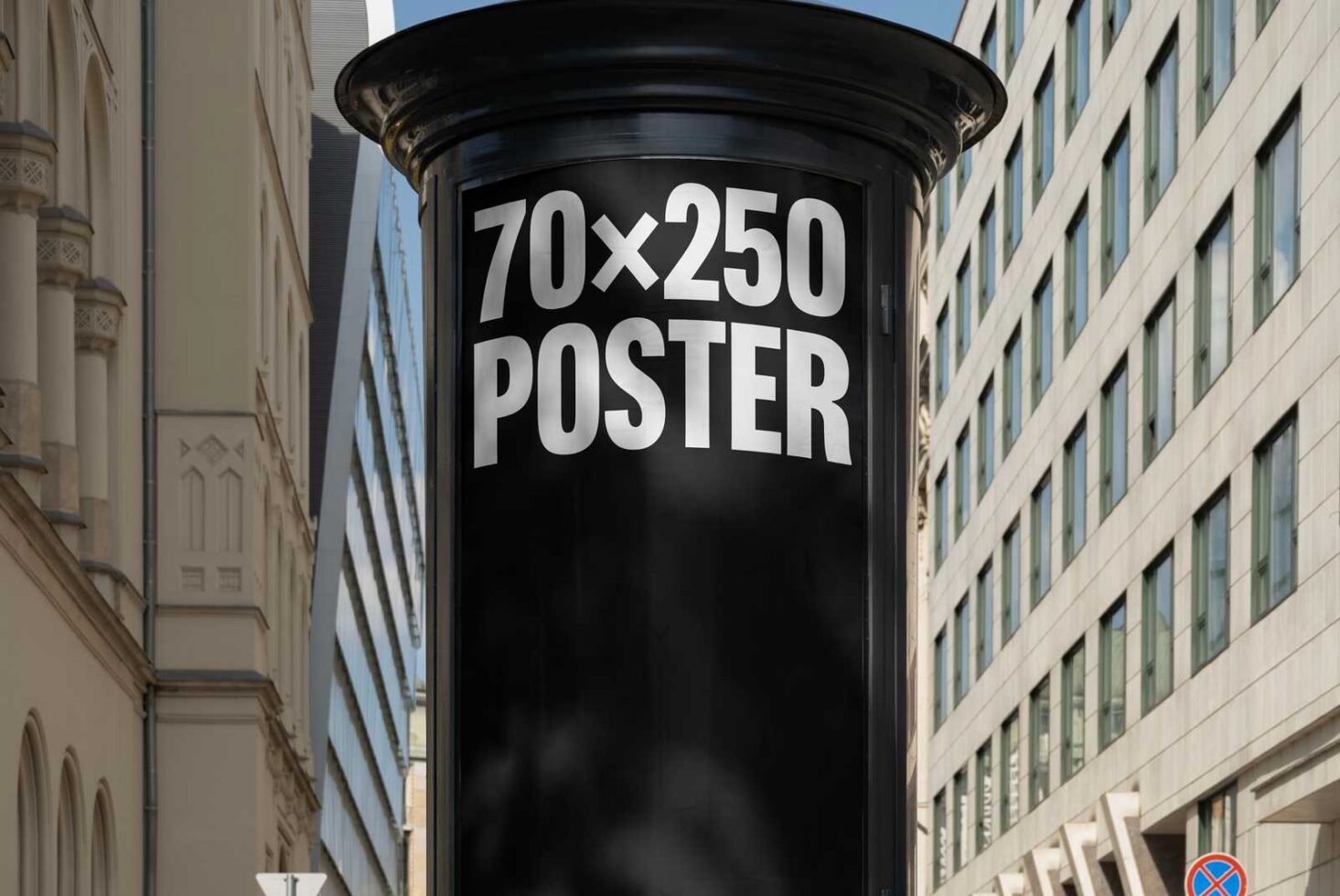 Vertical poster mockup on a city street advertising column with text 70 x 250 poster ideal for urban marketing designs outdoor mockup advertising.