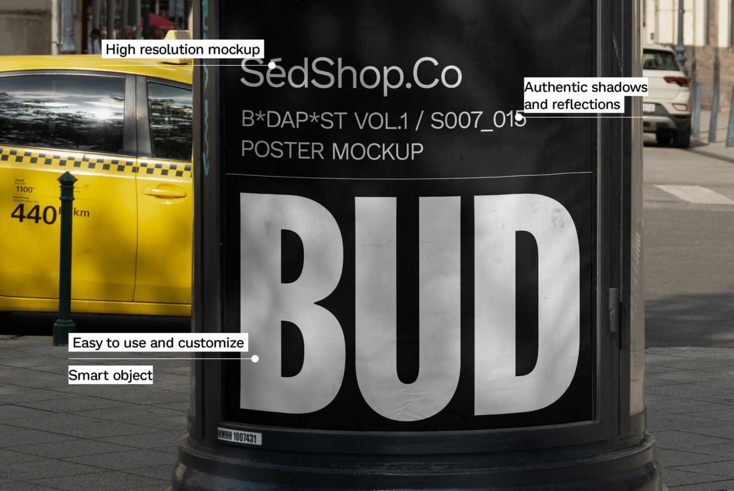 Urban poster mockup on cylindrical stand featuring editable smart object design. Perfect for designers. Realistic street reflections and shadows.