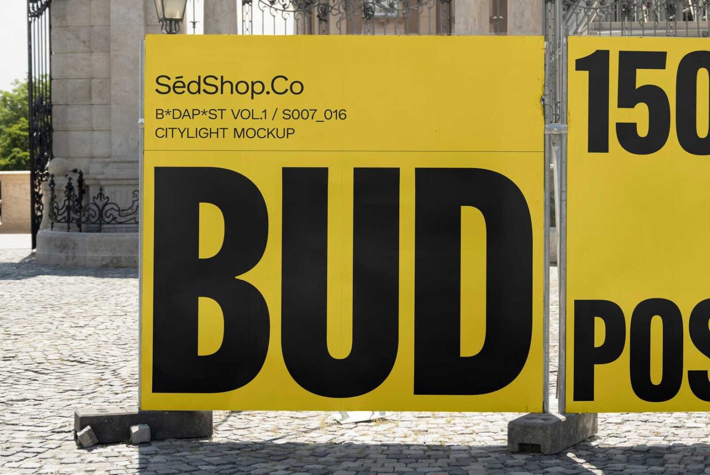 Citylight mockup with bold typography on a yellow background in an urban setting. Perfect for designers seeking realistic outdoor advertising templates.