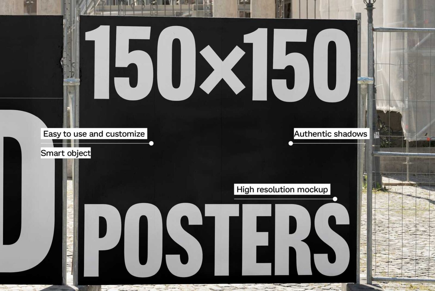 High resolution poster mockup featuring large 150x150 design. Includes editable smart objects. Perfect for designers seeking customization and realism.