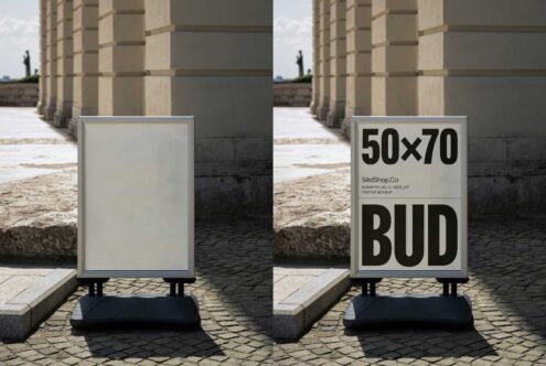 Outdoor poster mockup in urban setting showcasing customizable frame. Ideal for graphic design and advertising projects. Perfect for designers.