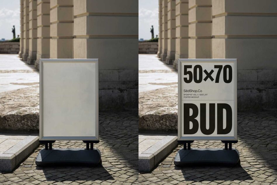 Outdoor poster mockup in urban setting showcasing customizable frame. Ideal for graphic design and advertising projects. Perfect for designers.