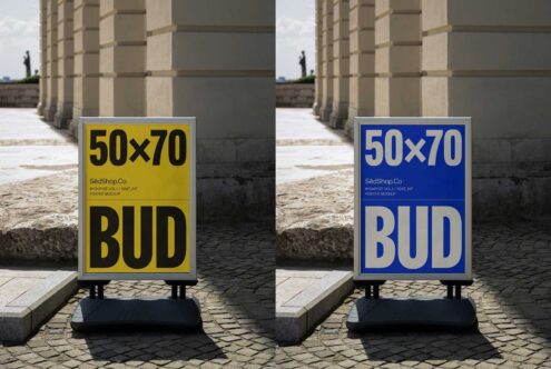 Side-by-side poster mockup showcasing yellow and blue designs on a pavement stand outdoors perfect for graphic designers. Download template for marketing.