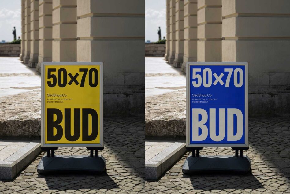 Side-by-side poster mockup showcasing yellow and blue designs on a pavement stand outdoors perfect for graphic designers. Download template for marketing.