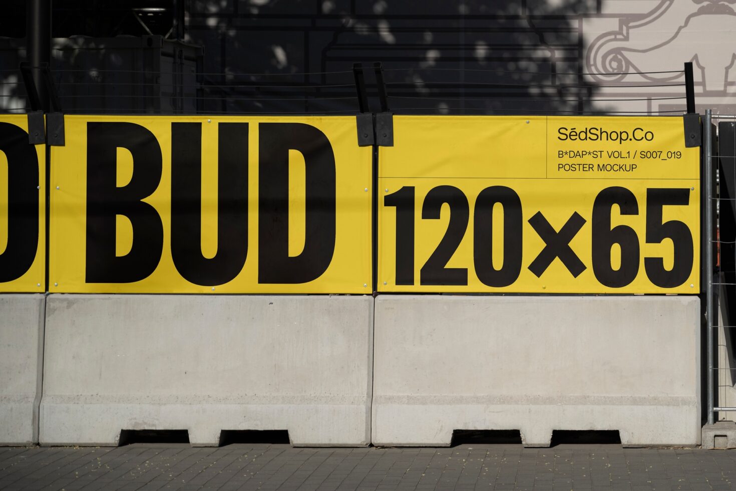 Urban poster mockup in bright yellow with bold black text. Ideal for high-impact street advertising and design projects. Graphic design asset.