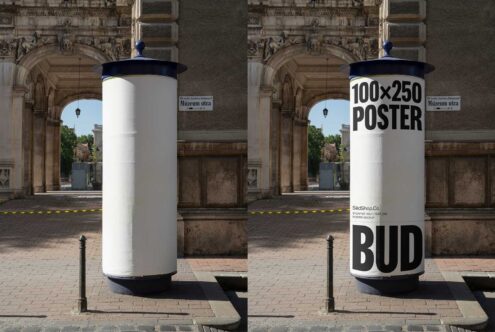 Outdoor 100x250 poster mockup on cylindrical pillar in urban setting ideal for designers showcasing advertisements branding and promotional graphics.