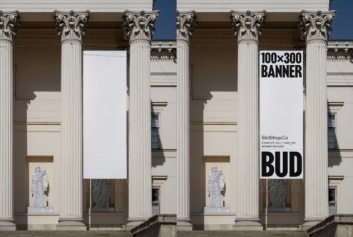 Banner mockup on classical building with columns showcasing 100x300 dimensions. Ideal for designers seeking urban architecture and outdoor advertising templates.