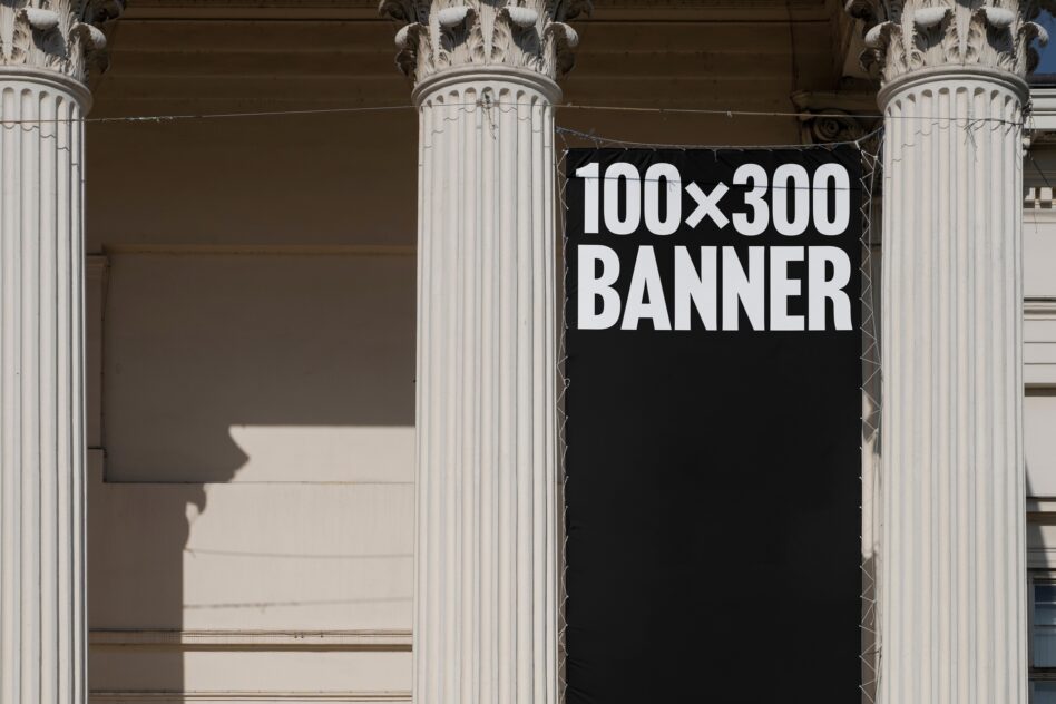 Banner mockup on classic columns showcasing a 100x300 size. Ideal for designers seeking architectural background for advertising graphics templates.