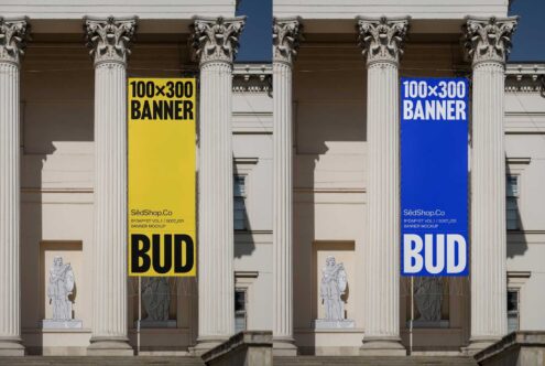 Dual vertical banner mockup in vibrant yellow and blue on a neoclassical building facade. Ideal for showcasing large display ad designs or templates.