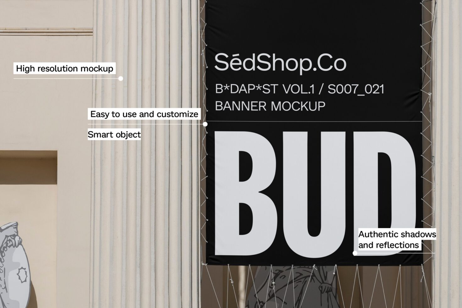 Large vertical banner mockup hung on building facade with detailed shadows and reflections ideal for designers. High resolution editable template.