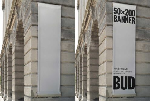 Urban banner mockup on stone building facade showing blank and design versions ideal for designers seeking outdoor advertising graphics templates.