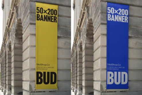 Urban building facade with mockup of two vertical 50x200 banner displays in yellow and blue. Ideal for showcasing branding design or templates.