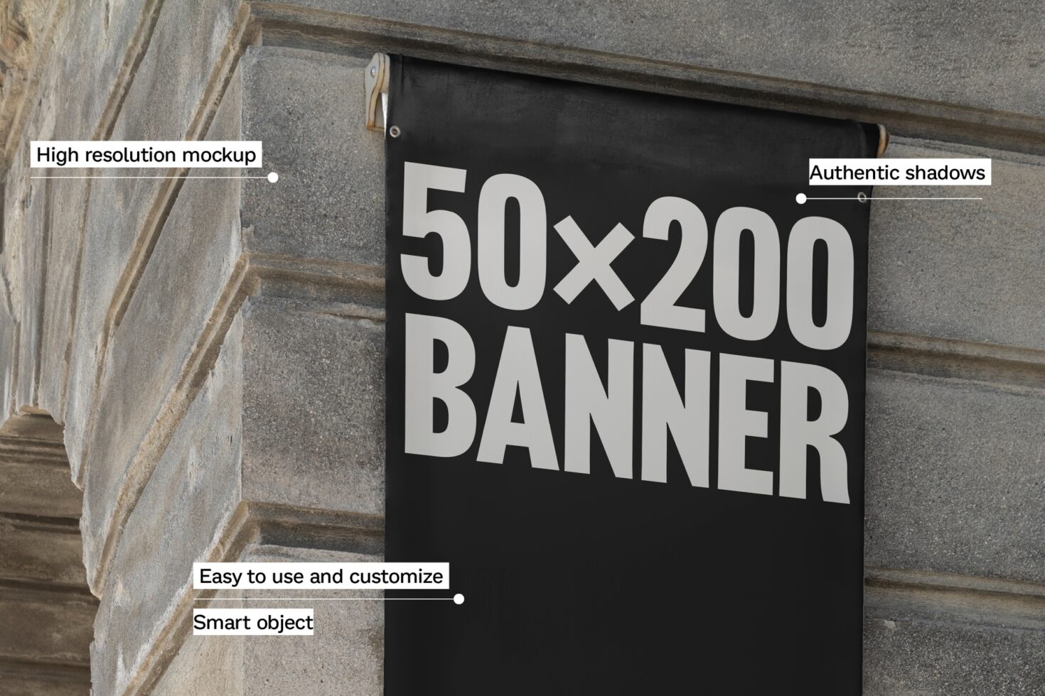 High resolution banner mockup for designers with smart object placement on a stone wall. Easy to customize with authentic shadows and realistic texture.