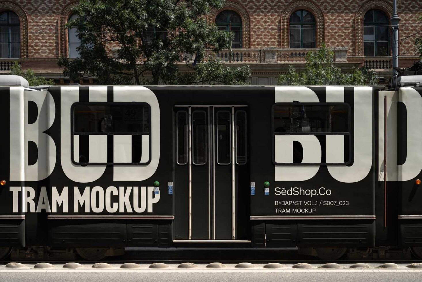 Urban tram mockup design showcasing bold typography against a classic city backdrop ideal for transportation graphics template designers SEO friendly