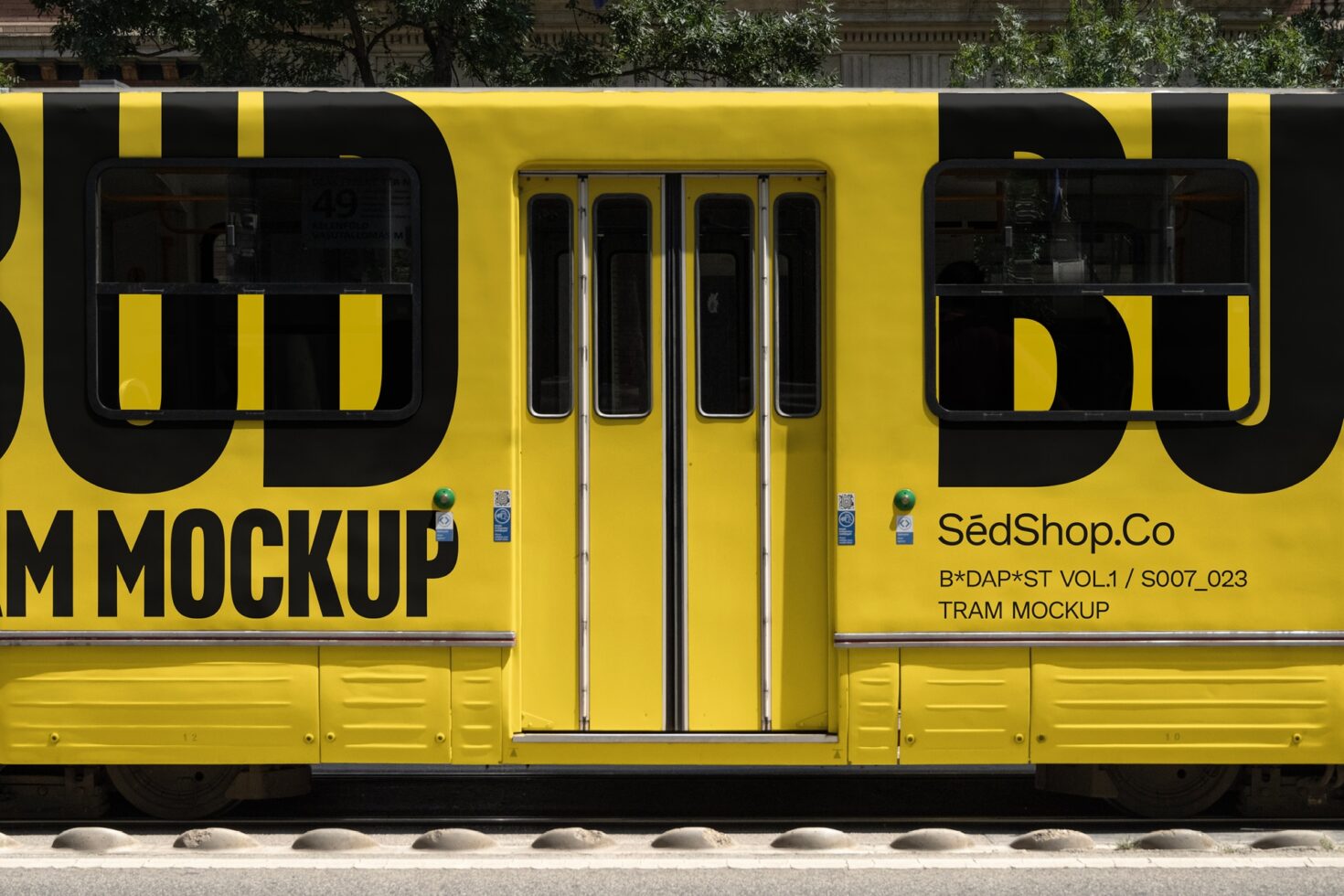 Yellow tram mockup design with bold typography suitable for urban advertising. Ideal for designers seeking realistic cityscape templates.