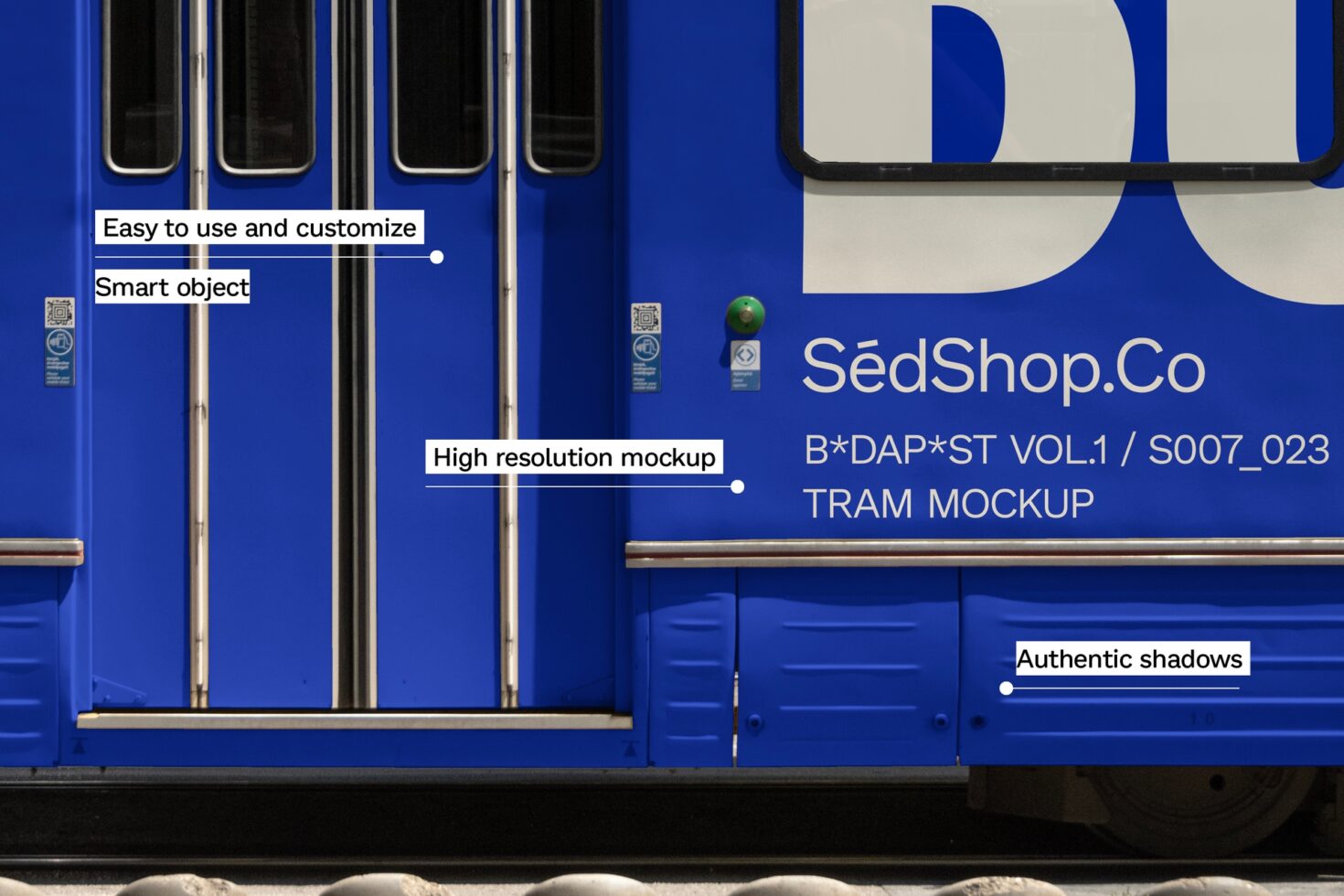 Blue tram mockup with customizable smart objects ideal for designers. High resolution and authentic shadows enhance presentation. Perfect for templates.