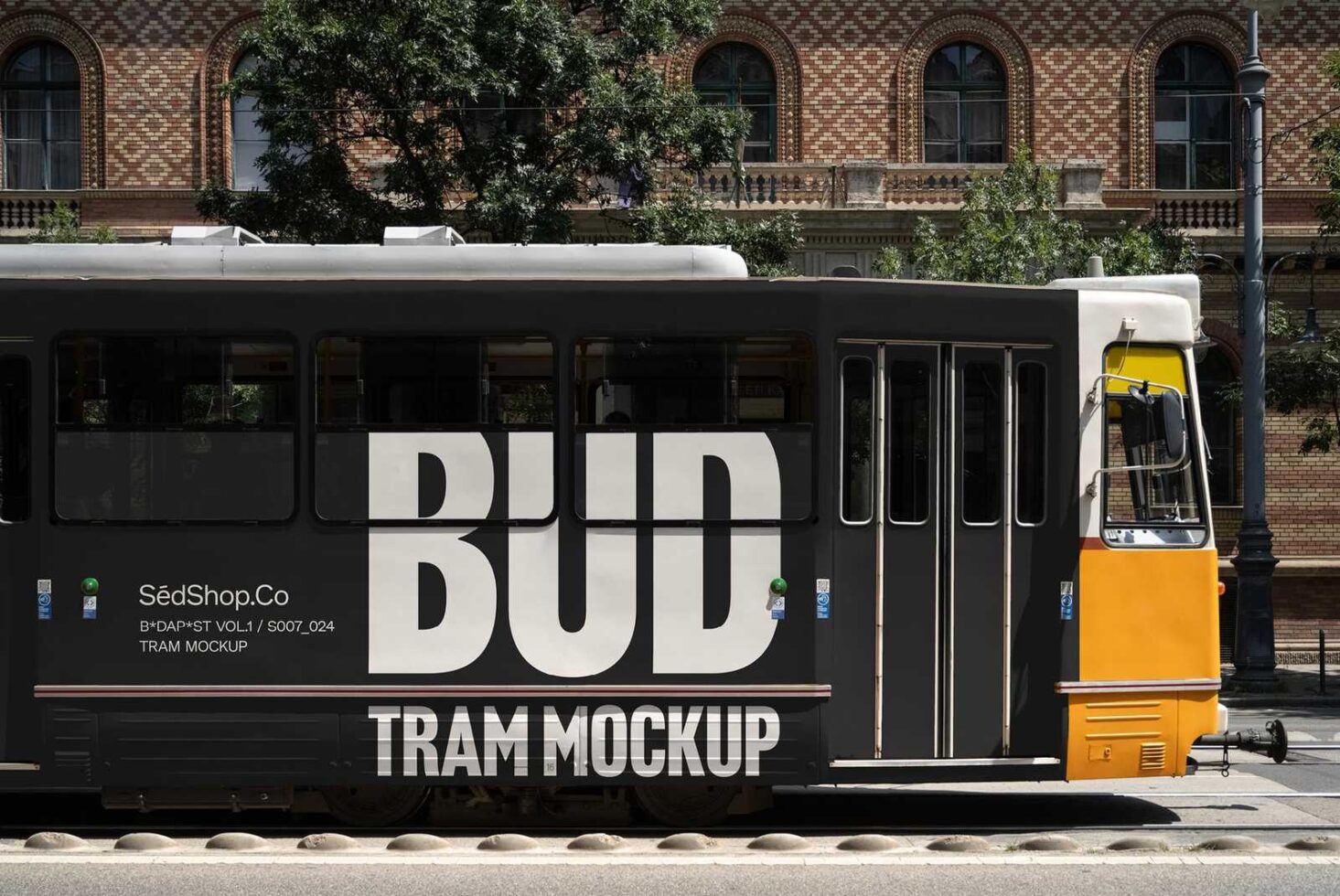 Urban tram mockup design displayed on city street perfect for showcasing branding projects templates and graphics for designers seeking realistic visuals.