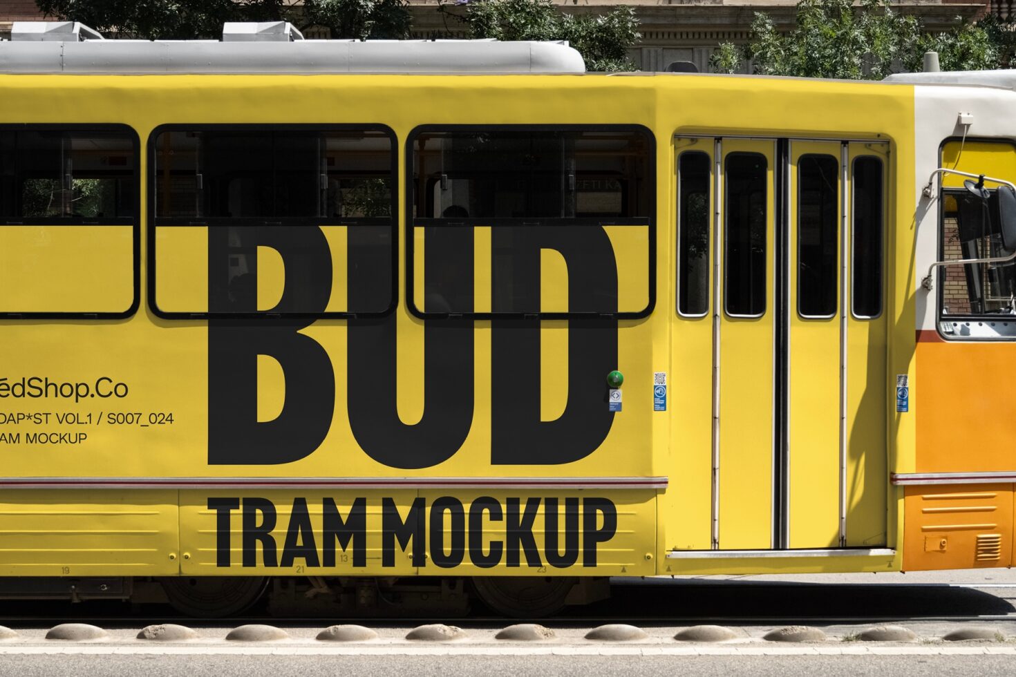 Yellow tram mockup design showcasing bold typography for designers. Ideal for templates and graphic branding projects. Keywords: tram mockup design.