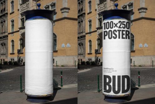 Urban poster mockup on a cylindrical pillar in a city street, ideal for showcasing designs. Perfect for designers needing realistic presentation templates.