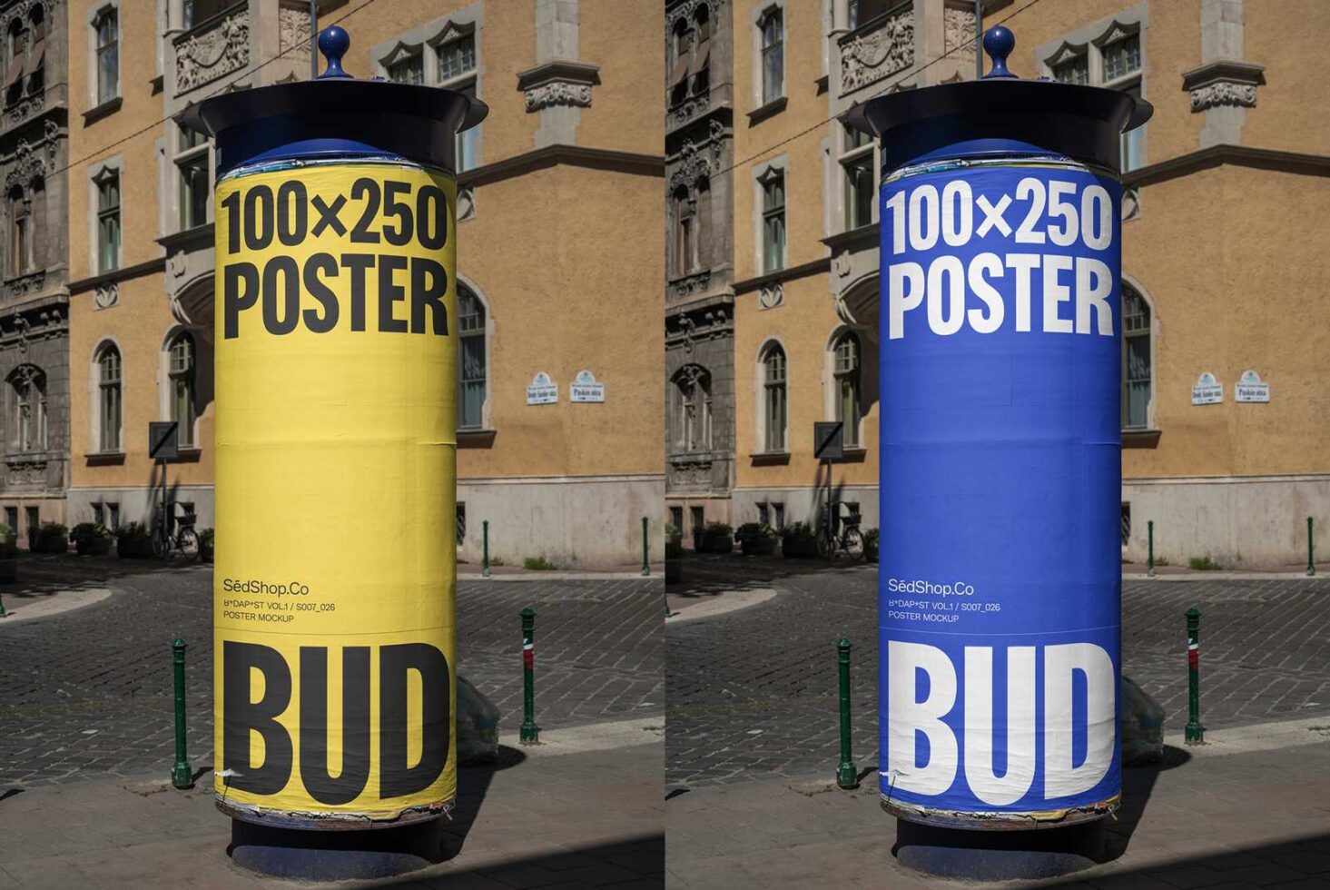 Urban poster mockup display with a 100x250 size, featuring yellow and blue designs. Ideal for advertising, presentation or graphic design projects.