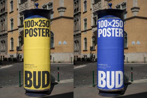 Urban poster mockup display with a 100x250 size, featuring yellow and blue designs. Ideal for advertising, presentation or graphic design projects.