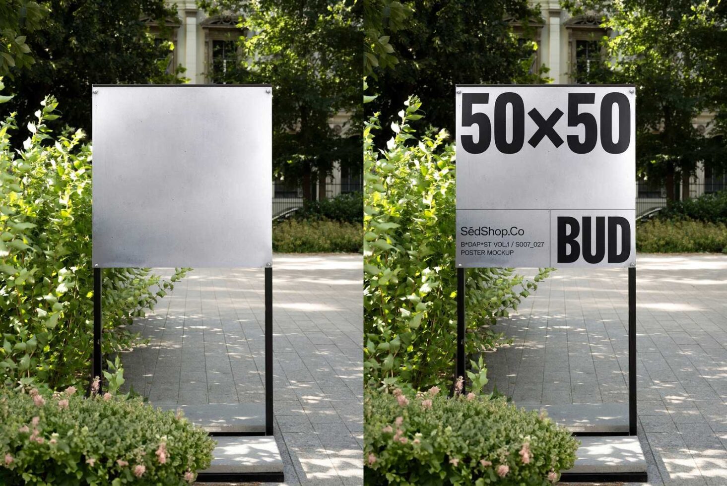 Outdoor poster mockup featuring a blank sign and a design example with text 50x50 ideal for showcasing templates or graphics for designers.